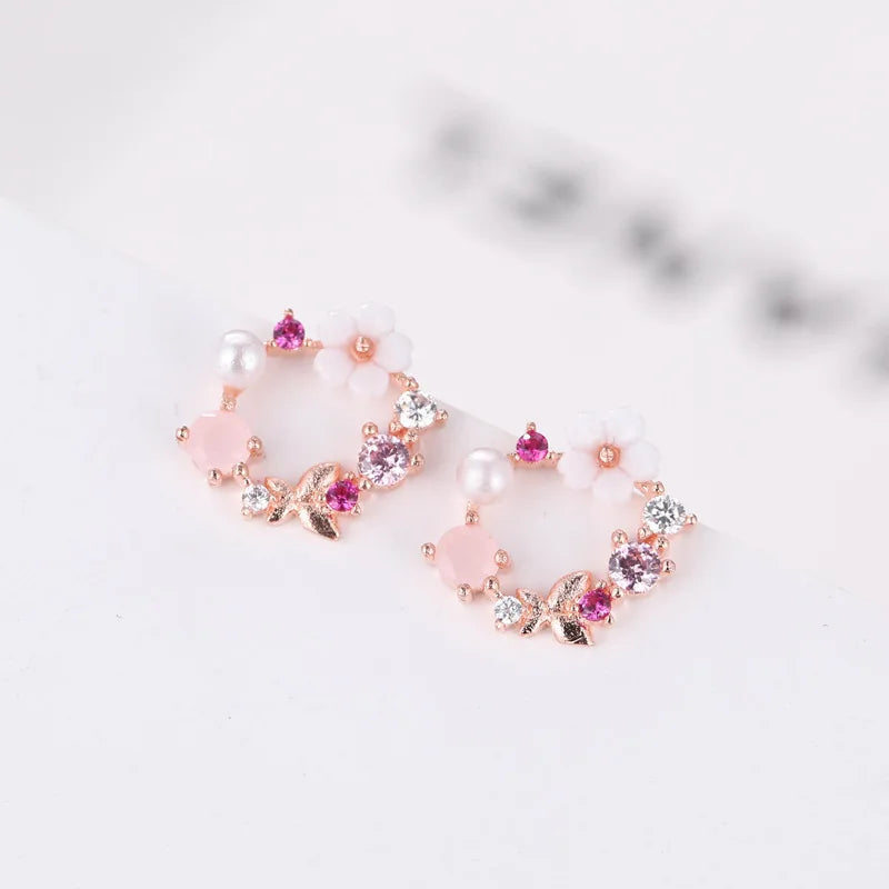 Pink Flower Zircon 925 Sterling Silver Stud Earrings