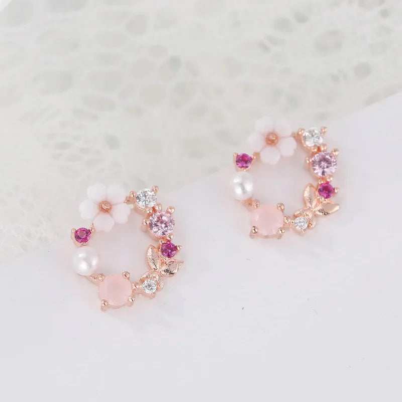 Pink Flower Zircon 925 Sterling Silver Stud Earrings