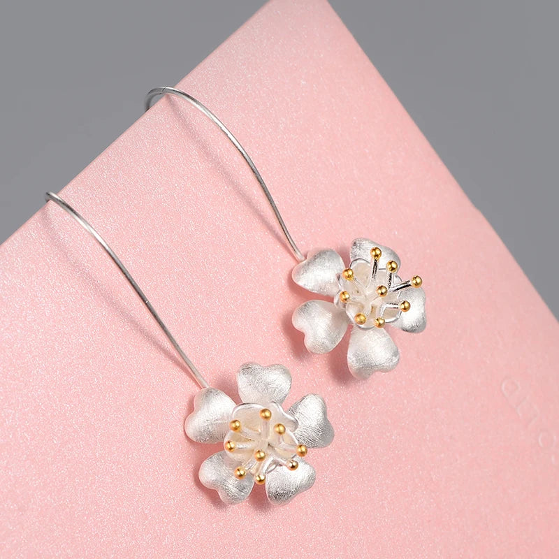 Long Flower 925 Sterling Silver Drop Earrings