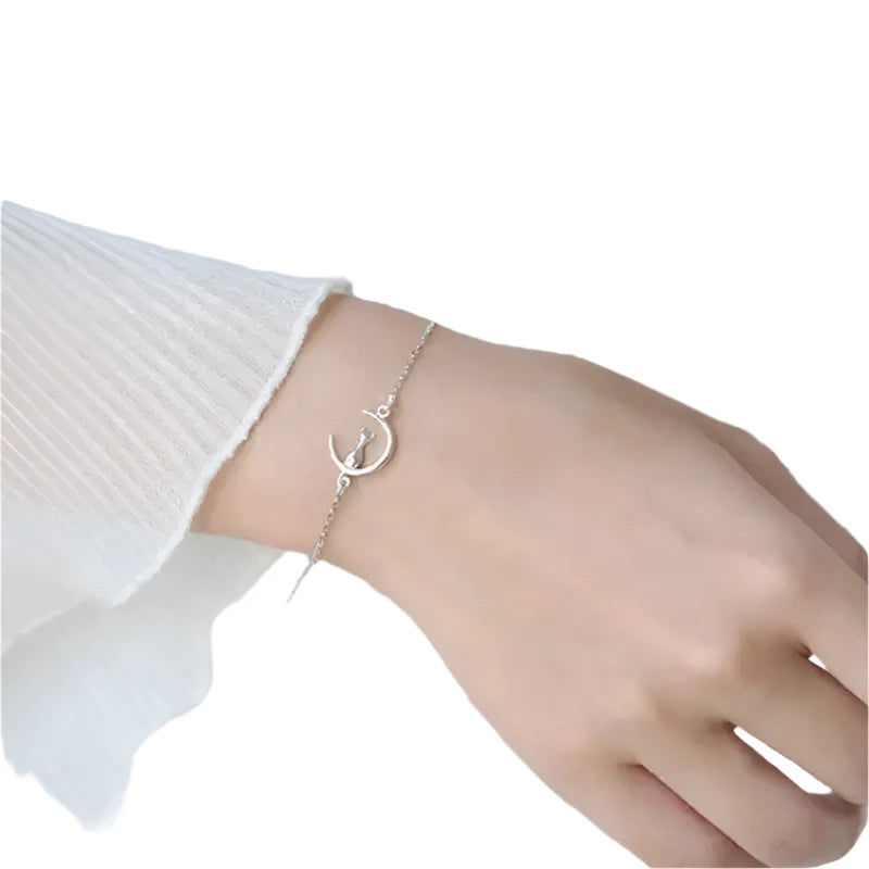 Cat Moon 925 Sterling Silver Bracelet 925 Sterling Silver 19cm