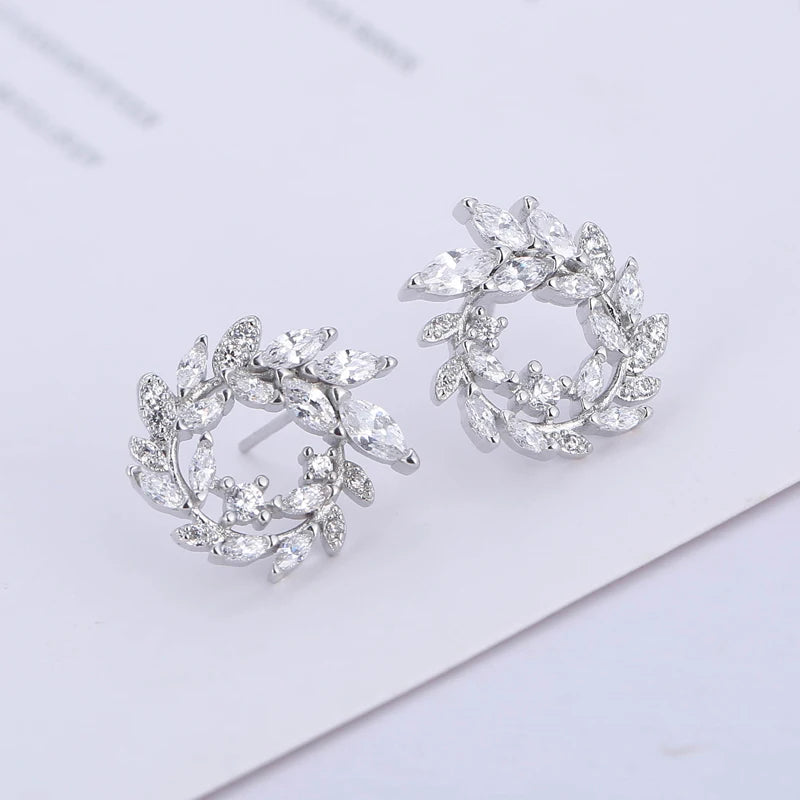 Plant Leaves Zircon 925 Sterling Silver Stud Earrings