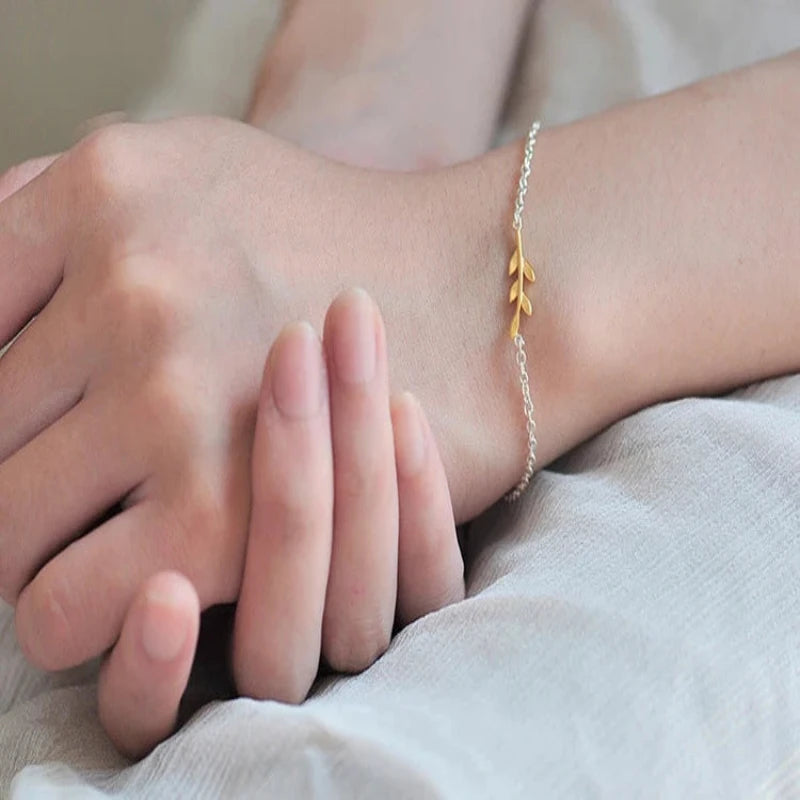 Gold Bar Leaves 925 Sterling Silver Bracelet