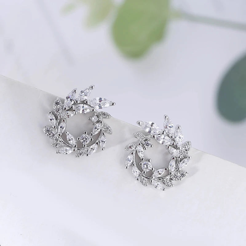 Plant Leaves Zircon 925 Sterling Silver Stud Earrings