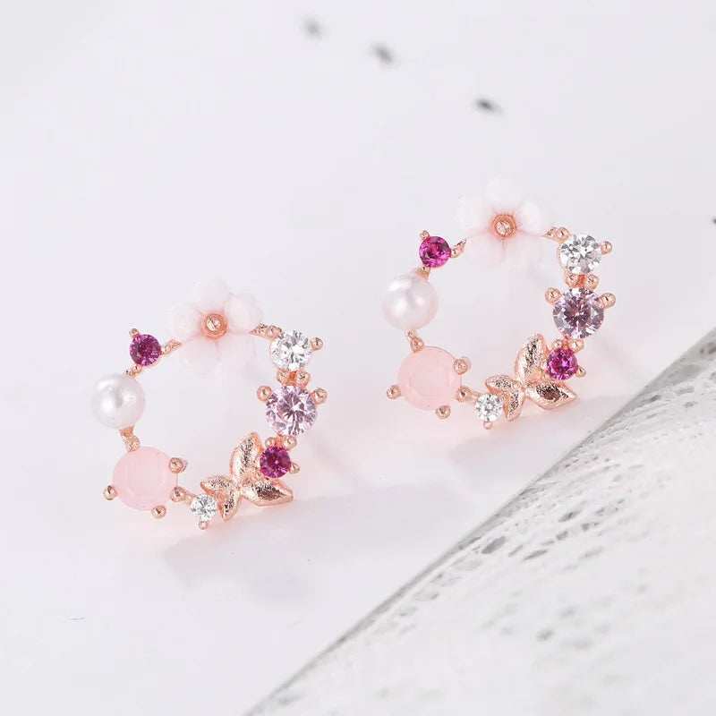 Pink Flower Zircon 925 Sterling Silver Stud Earrings