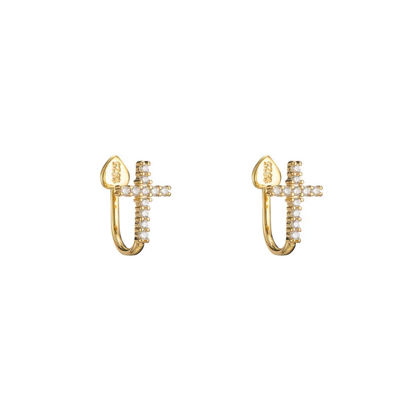 Cross Ear Cuff 925 Sterling Silver Clip Earrings Gold