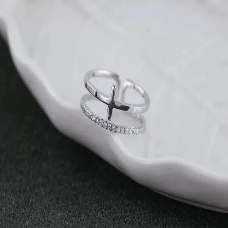 Cross Adjustable Open 925 Sterling Silver Ring