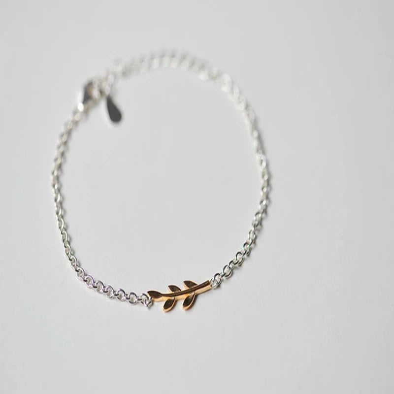 Gold Bar Leaves 925 Sterling Silver Bracelet