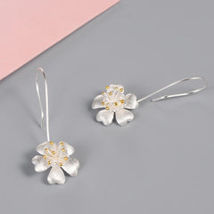 Long Flower 925 Sterling Silver Drop Earrings