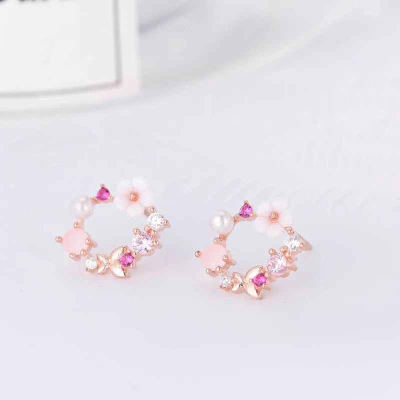 Pink Flower Zircon 925 Sterling Silver Stud Earrings