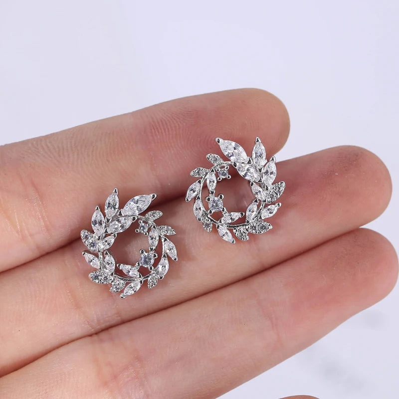 Plant Leaves Zircon 925 Sterling Silver Stud Earrings