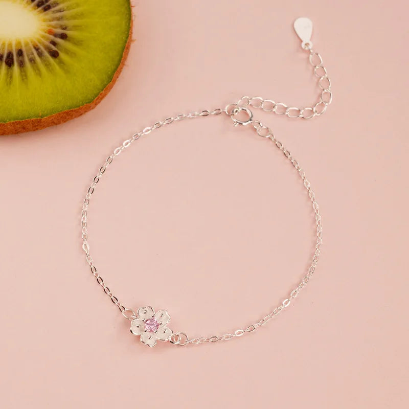 Pink Flower Zircon 925 Sterling Silver Bracelet