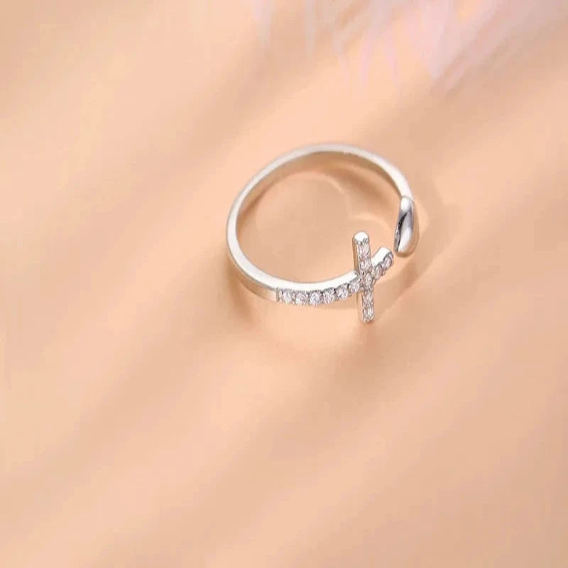 Cross Love Adjustable Open 925 Sterling Silver Ring