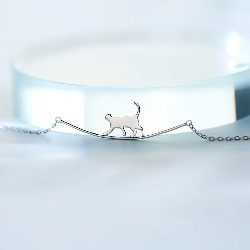 Clavicle Walking Cat 925 Sterling Silver Necklace & Pendant