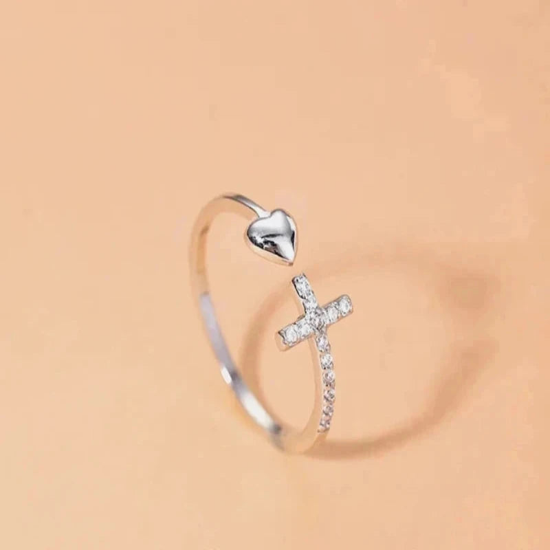 Cross Love Adjustable Open 925 Sterling Silver Ring