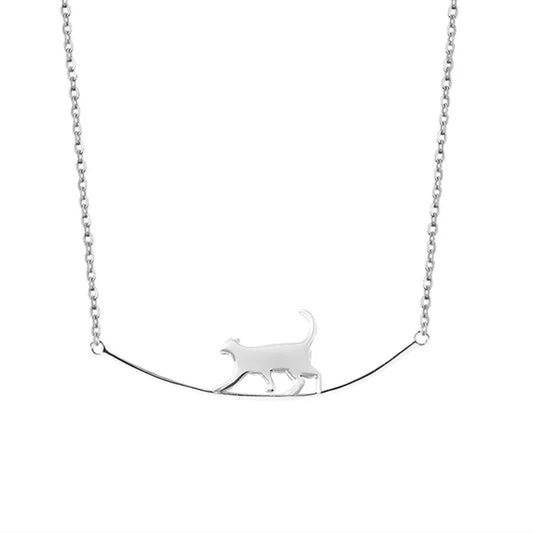 Clavicle Walking Cat 925 Sterling Silver Necklace & Pendant