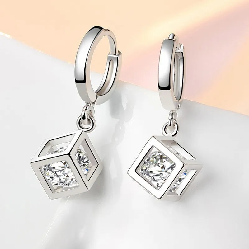 Cube Zircon 925 Sterling Silver Hoop Earrings