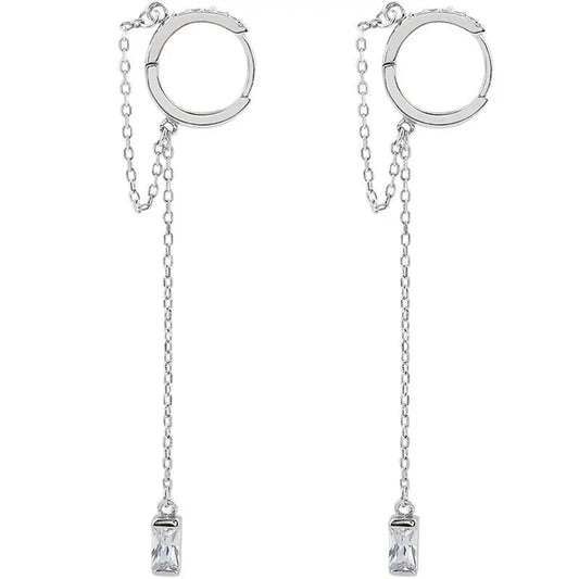 Circle with Hanging Chain 925 Sterling Silver Hoop Earrings